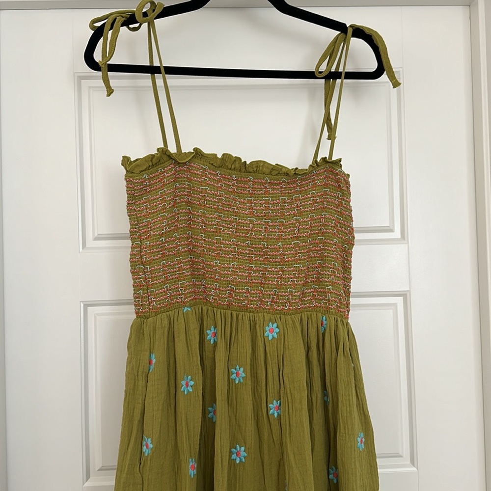 Smocked Tiered Midi Dress in Olive Green - Picture 9 of 10